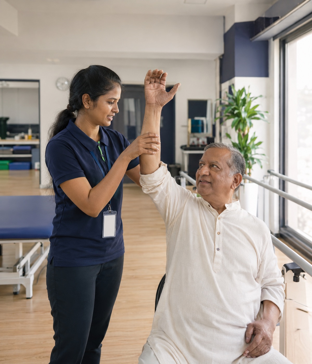A physiotherapist at AVR Physiocare guiding a senior patient through a shoulder exercise